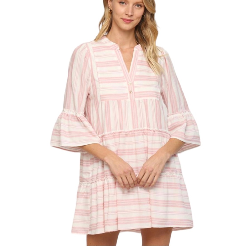 Women’s Cream/Pink Tiered Lined Tunic Dress NWT